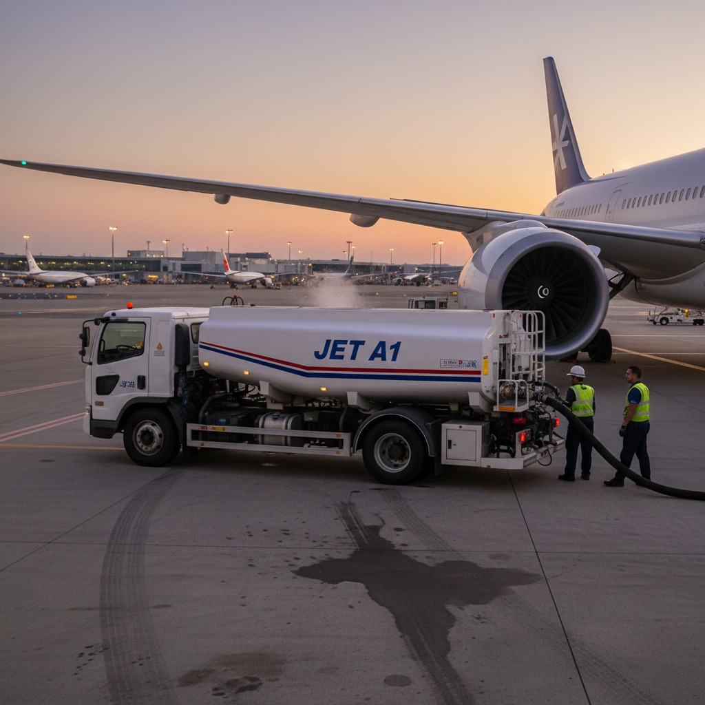 A Jet A1 fuel truck refuels a commercial airplane parked on the tarmac at sunset.